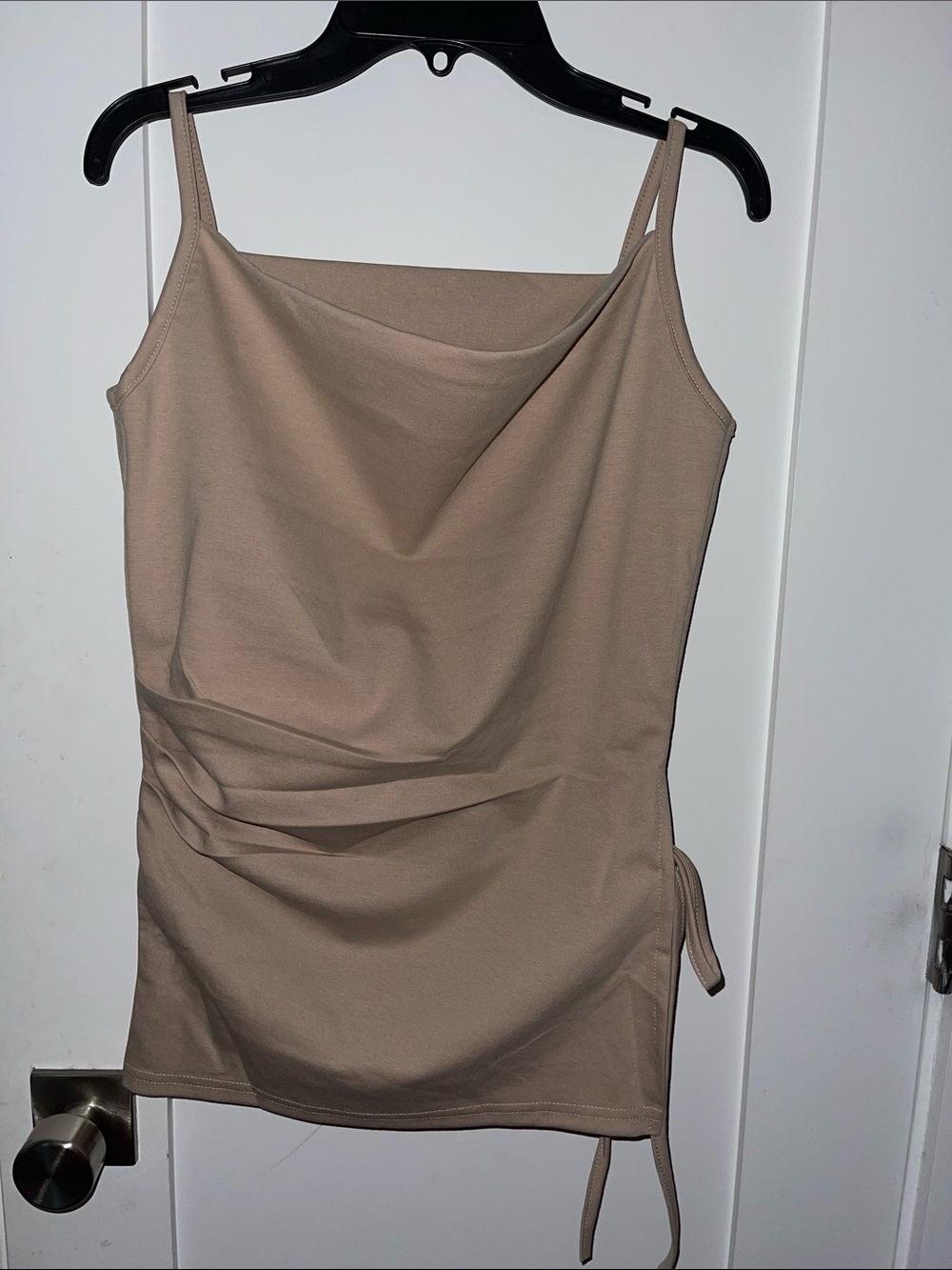 Sleeveless Cowl Neck Beige Tank with Side Tie